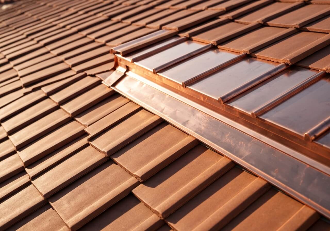 Detail van zinken dakgoot en loodwerk